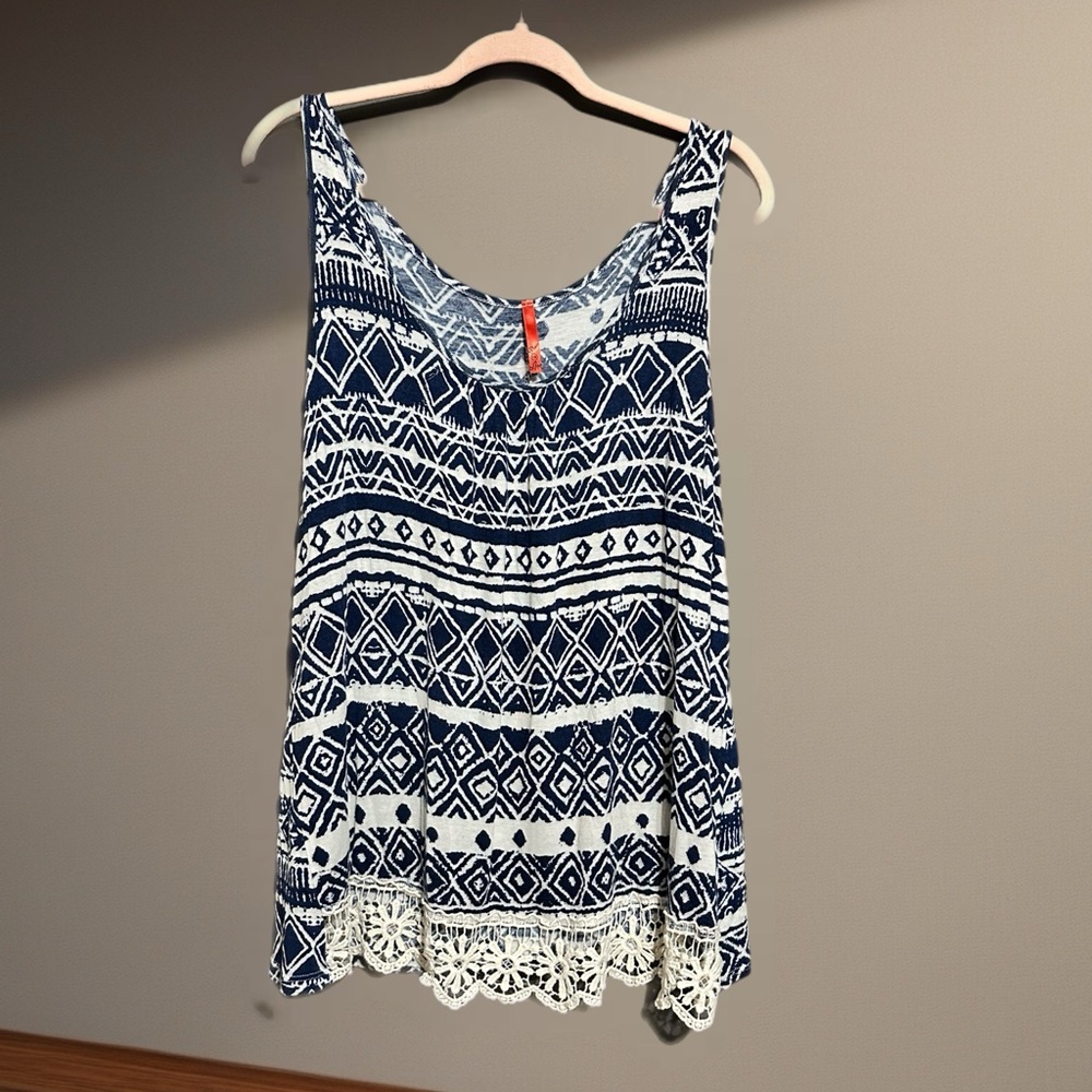 Boho Style Navy and White Patterned Tank Top with Lace Hem